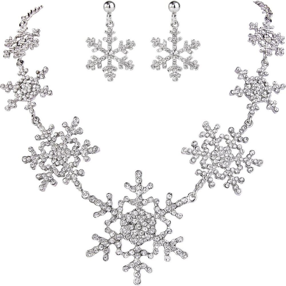 Silver-Tone Snowflake Austrian Crystal Bridal Necklace Earrings Set